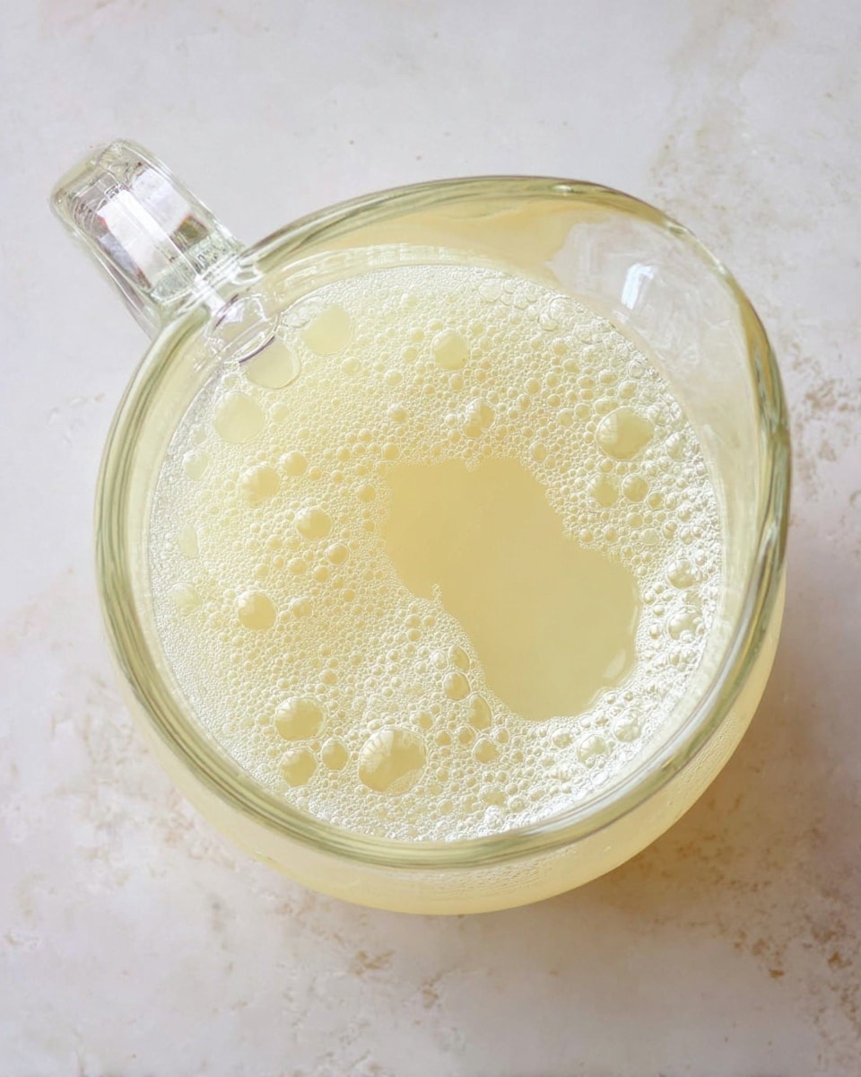 A clear glass pitcher filled with a pale yellow liquid that has bubbles of different sizes on the surface, sitting on a white marbled background. The pitcher has a transparent handle on the left and a spout on the right, showing the liquid inside with a smooth, slightly frothy texture visible from above. photo taken with an iphone --ar 4:5 --v 7
