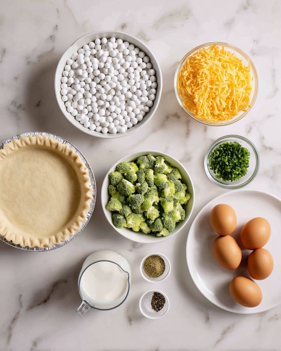 The image shows several white bowls and a white plate arranged on a white marbled surface, each holding different ingredients. There is one white deep pie crust shell at the bottom left. Above it, there is a large white bowl full of small white round beads, likely pie weights. In the middle, there is a white bowl filled with chopped green broccoli. To the right, near the top, a white bowl contains shredded orange cheddar cheese, and next to it is another white bowl holding chopped green herbs. Just left of the cheese, a clear glass measuring cup holds milk. At the bottom right, a white plate contains six brown eggs. Below the broccoli bowl, a small white dish holds four piles of spices in green, black, beige, and white colors. The whole setup is clean and bright, with natural light highlighting the textures and colors. Photo taken with an iphone --ar 4:5 --v 7