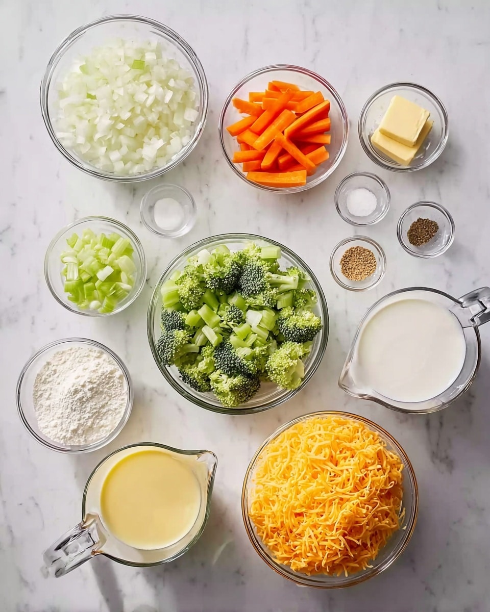 The image shows several clear glass bowls and measuring cups placed on a white marbled surface. There are finely chopped white onions in one bowl on the left side, next to a bowl of thin orange carrot sticks in the center. To the right of the carrots is a bowl with chopped green celery, and next to it is a bowl filled with small broccoli florets. Below these bowls, there is a large bowl of shredded orange cheddar cheese on the right side. Two measuring cups are placed at the bottom left side, one filled with a light yellow liquid on the left and the other filled with milk on the right. Between these measuring cups is a small glass bowl with white flour. Above the bowls of vegetables, there are three small clear glass bowls with butter, salt, and black pepper in order from left to right. Near the top right corner, there is a glass cup filled with melted butter. The whole arrangement is neat and well spaced, with all items clearly visible. Photo taken with an iphone --ar 4:5 --v 7