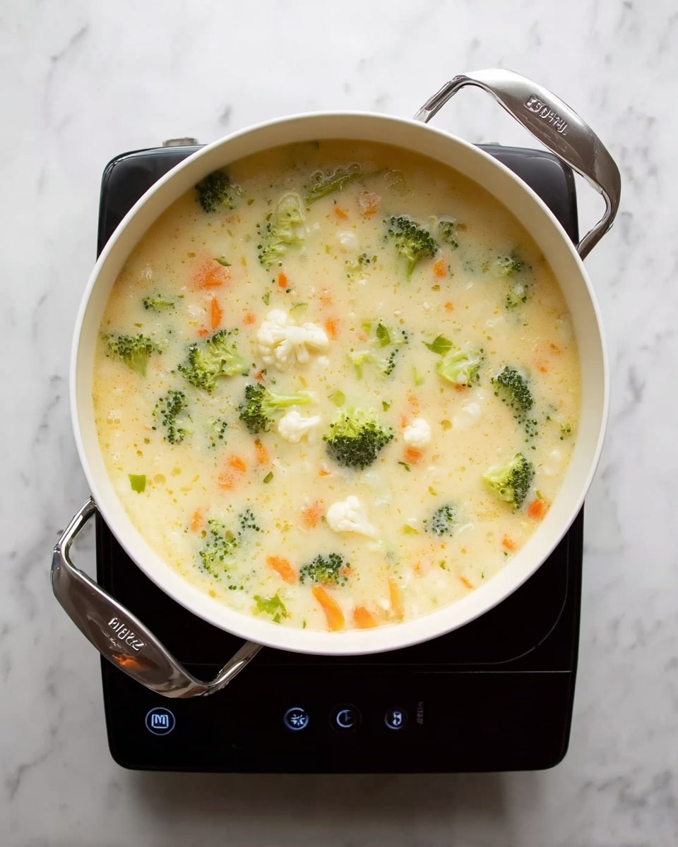 A white pot sits on a black induction stove against a white marbled background, filled with a creamy light yellow soup. The soup contains small pieces of broccoli with dark green tops, thin orange carrot sticks, and small florets of cauliflower that add texture and color throughout the mixture. The soup surface is gently bubbling, showing it is hot and cooking. The pot has silver metal handles on each side and a small spout on one side. Steam rises lightly from the soup. Photo taken with an iphone --ar 4:5 --v 7