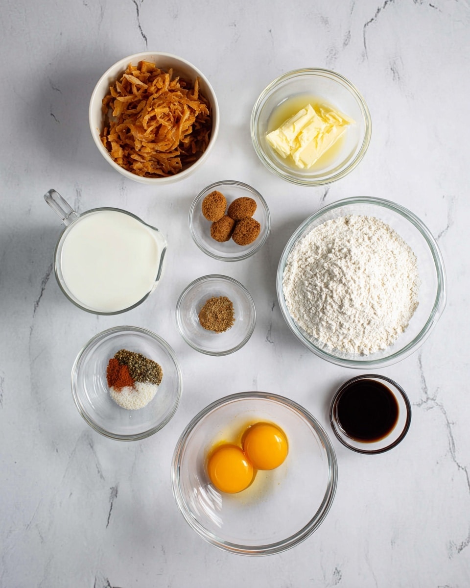 The image shows seven clear glass and white bowls arranged on a white marbled surface. The top left white bowl contains shredded brownish-orange apple pieces. To the right of that is a small clear bowl with two brown round sugar pieces. Next to it, on the right, is another small clear bowl holding melted yellow butter. Below these bowls, a bigger clear bowl on the right contains white flour. On the bottom left, a small clear bowl has various brown and white spices mixed together. In the center, a glass measuring jug holds white milk. Below it, a clear bowl contains two cracked eggs with bright yellow yolks. To the right of this bowl is another small clear bowl with dark brown liquid, possibly vanilla extract. photo taken with an iphone --ar 4:5 --v 7