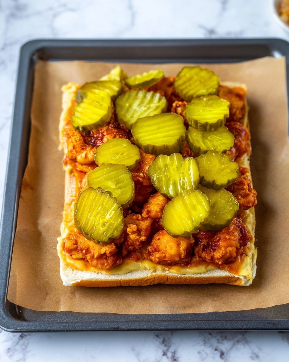 The image shows an open sandwich on a white square bun base, topped with a thick layer of reddish-orange fried chicken pieces. On top of the chicken, there is a generous layer of bright yellow-green crinkle-cut pickle slices spread evenly across the sandwich. The sandwich is placed on a sheet of brown parchment paper, which rests on a dark gray baking tray, all set on a white marbled surface. photo taken with an iphone --ar 4:5 --v 7