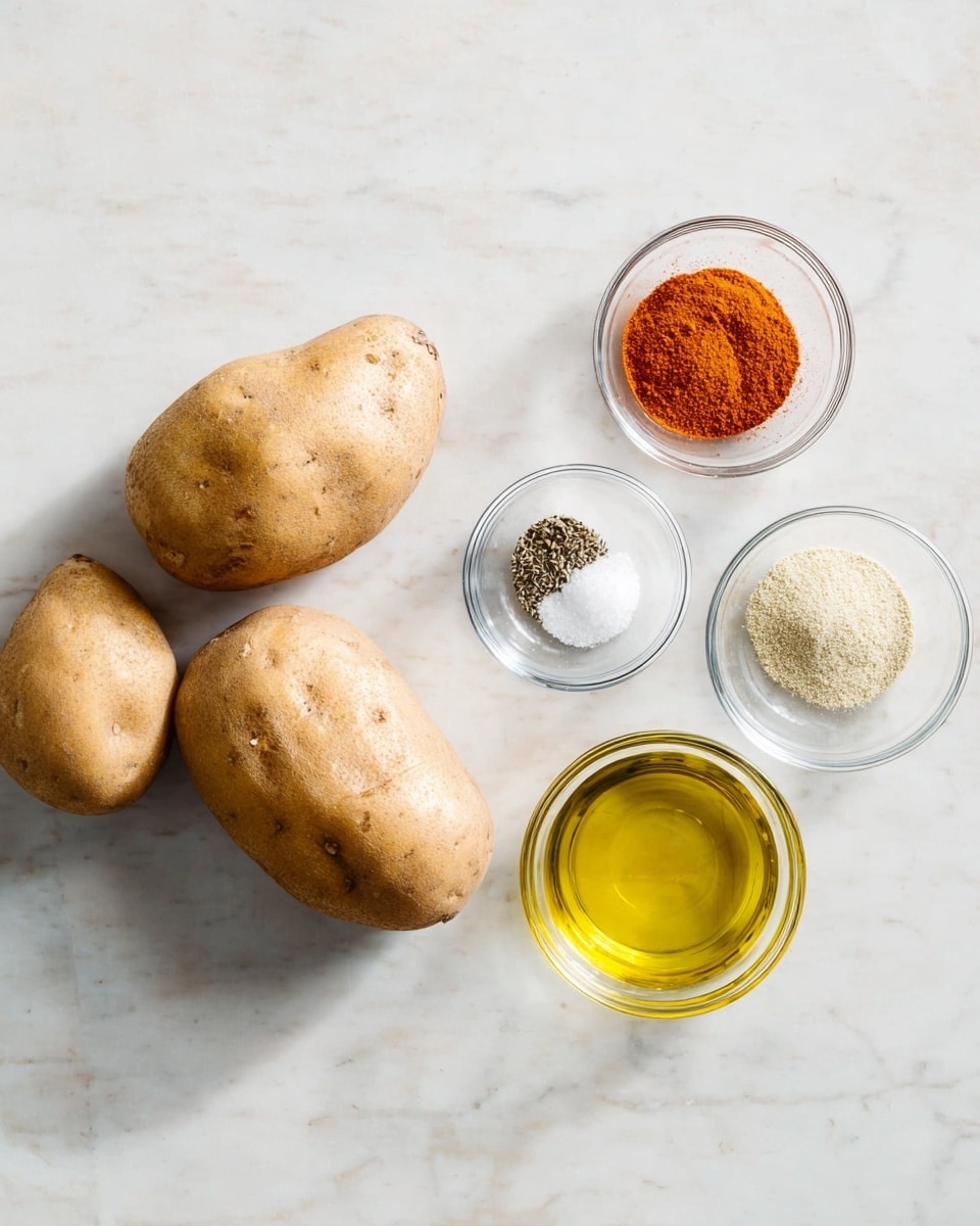 Two raw russet potatoes with light brown skin are placed on the left side of a white marbled surface. To the right of the potatoes, there are four small clear glass bowls arranged loosely in a square formation: the top left bowl holds a reddish-orange powder, the top right bowl contains white salt and black pepper, the bottom right bowl contains a light beige powder, and the bottom left bowl is filled with golden-yellow olive oil. The overall setup is neat and simple, with soft natural light. Photo taken with an iphone --ar 4:5 --v 7