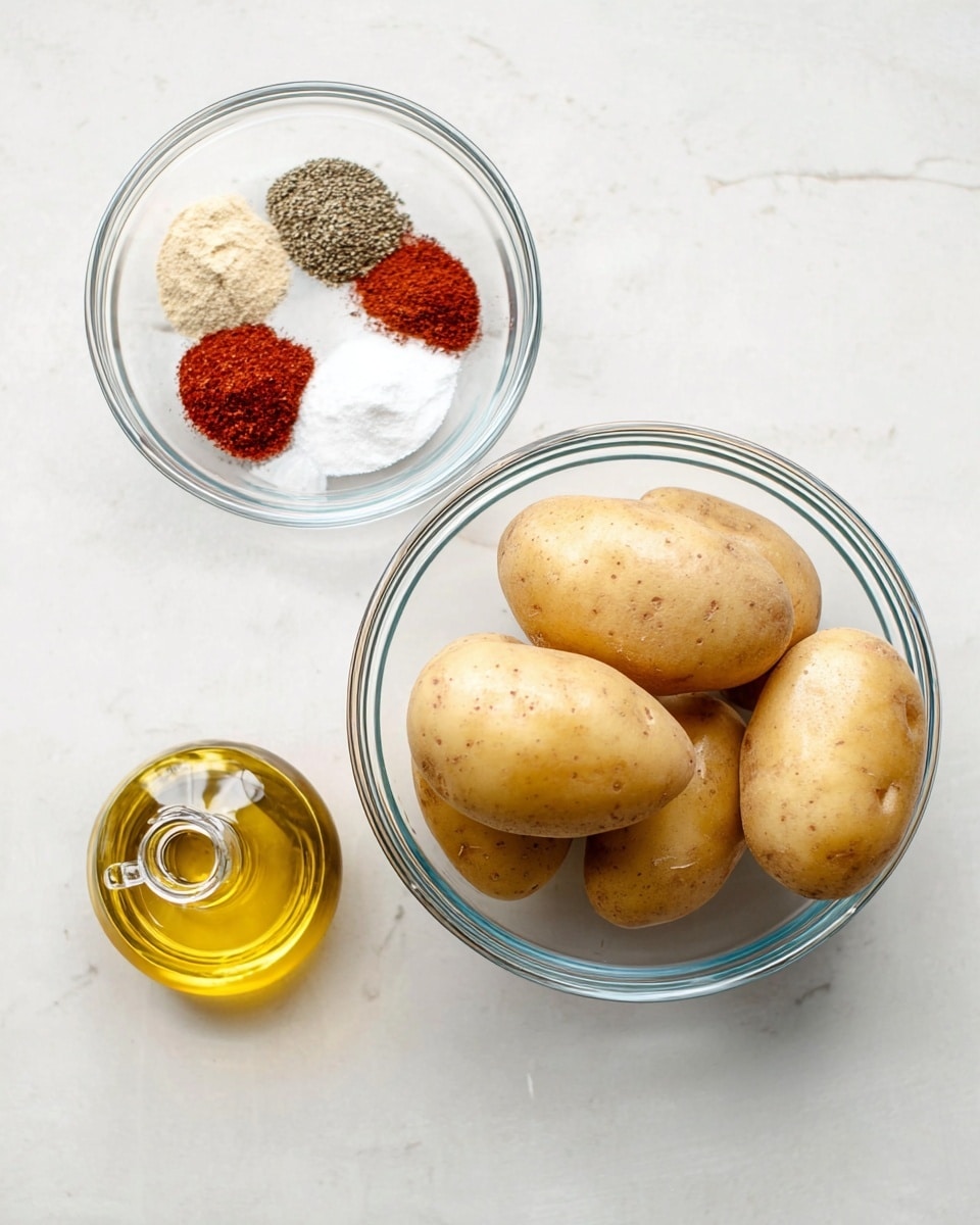 A clear glass bowl filled with seven light brown potatoes with smooth skins sits on the right side of a white marbled surface. Above it is a smaller clear glass bowl containing four piles of powdered spices: white salt, light beige garlic powder, red paprika, and black ground pepper arranged in a circular pattern. To the lower left of the bowls is a small glass bottle filled with golden olive oil. The whole setup is bright and clean, with soft natural light. photo taken with an iphone --ar 4:5 --v 7