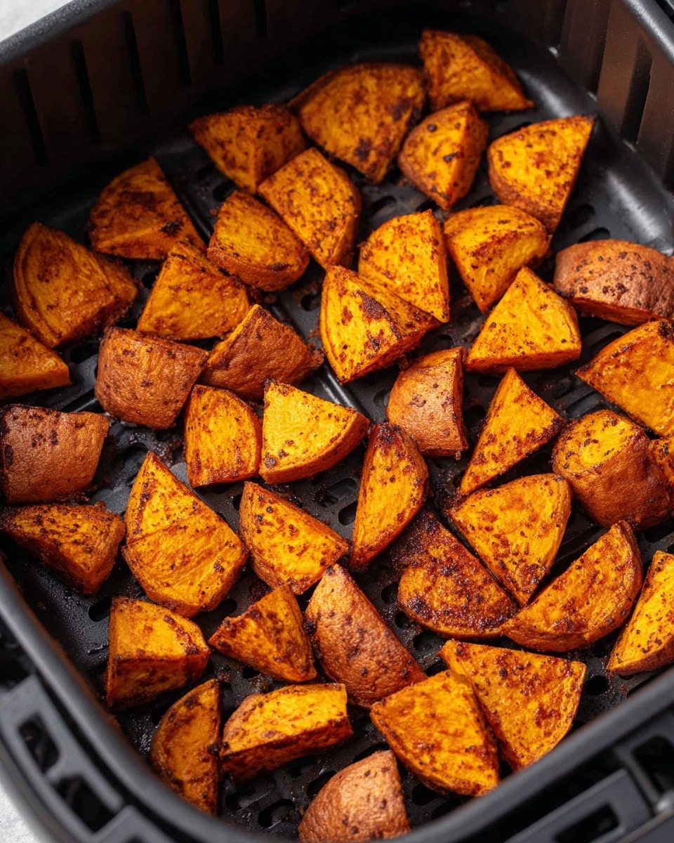 The image shows a single layer of roasted sweet potato pieces inside a black air fryer basket. Each sweet potato piece is cut into a rough triangular shape, with crispy, browned edges and a bright orange center. The pieces vary slightly in size and have a lightly charred, textured surface suggesting they have been seasoned before roasting. The air fryer basket has vented holes and a slightly raised grid to allow for even air circulation. The background is not visible as the focus is on the basket and sweet potatoes. Photo taken with an iphone --ar 4:5 --v 7