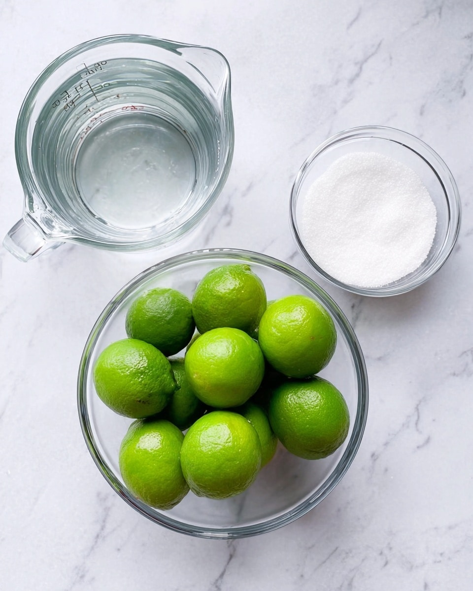 The image shows three clear glass bowls set on a white marbled surface. The largest bowl in the center holds a pile of ten shiny, bright green limes. To the left, a clear glass measuring cup filled with water is visible from above. On the right, a smaller clear glass bowl contains a layer of white granulated sugar. The bowls and measuring cup highlight the fresh and simple ingredients, all arranged neatly and clearly. photo taken with an iphone --ar 4:5 --v 7