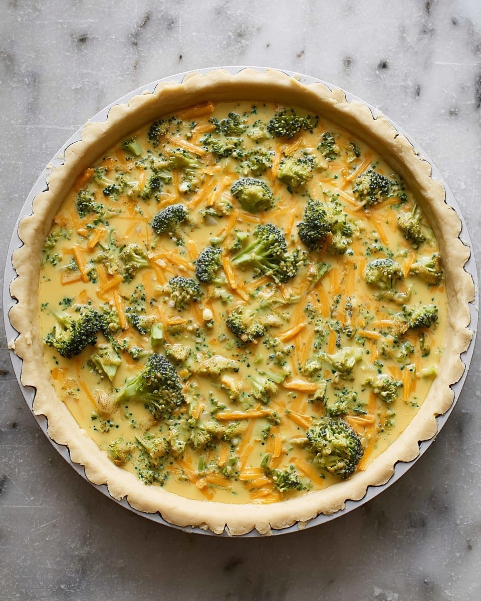 The image shows an uncooked broccoli and cheese quiche in a round white pie pan with a light golden crust that has a scalloped edge. The filling consists of a creamy yellow egg mixture with bright green broccoli florets and orange shredded cheese spread evenly throughout. Small green herb pieces are mixed into the filling, giving a speckled look. The pie pan rests on a white marbled surface. photo taken with an iphone --ar 4:5 --v 7