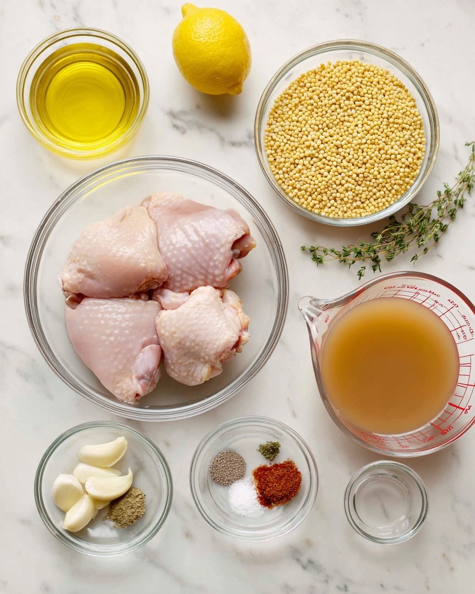 The image shows several clear glass bowls and containers placed on a white marbled surface. In the center, there is a medium-sized glass bowl containing three pieces of raw, pale pink chicken thighs. To the right, a glass measuring cup filled with light brown broth is positioned next to small green thyme sprigs. Above the chicken bowl is another clear bowl with small, round, yellow millet grains. To the left, there is a glass container with golden olive oil, a whole yellow lemon, and smaller glass bowls containing two peeled garlic cloves and a mix of spices (including coarse salt, black pepper, paprika, and a beige powder). The arrangement is neat and spaced out, with a bright and clean atmosphere. Photo taken with an iphone --ar 4:5 --v 7