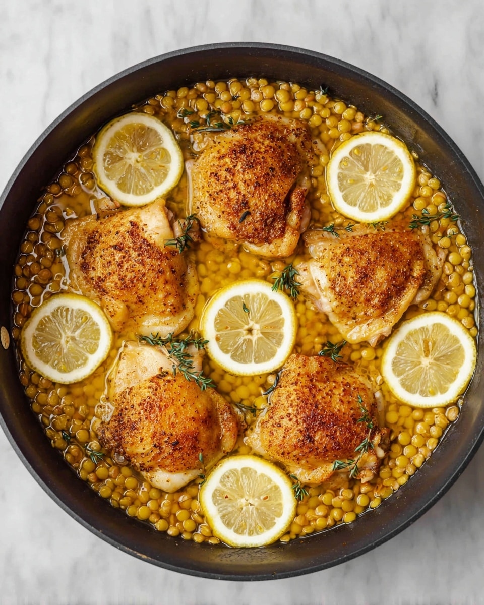 The image shows a black round pan filled with four pieces of cooked chicken thighs sitting on a layer of small yellow lentils in a light broth. The chicken pieces have a light brown color with some spices sprinkled on top and are arranged evenly inside the pan. There are five lemon slices placed on top of the lentils and chicken, adding bright yellow and white rings scattered across the dish. Small herb sprigs are also visible around the edges, giving some green touches. The pan is set on a white marbled surface. Photo taken with an iphone --ar 4:5 --v 7