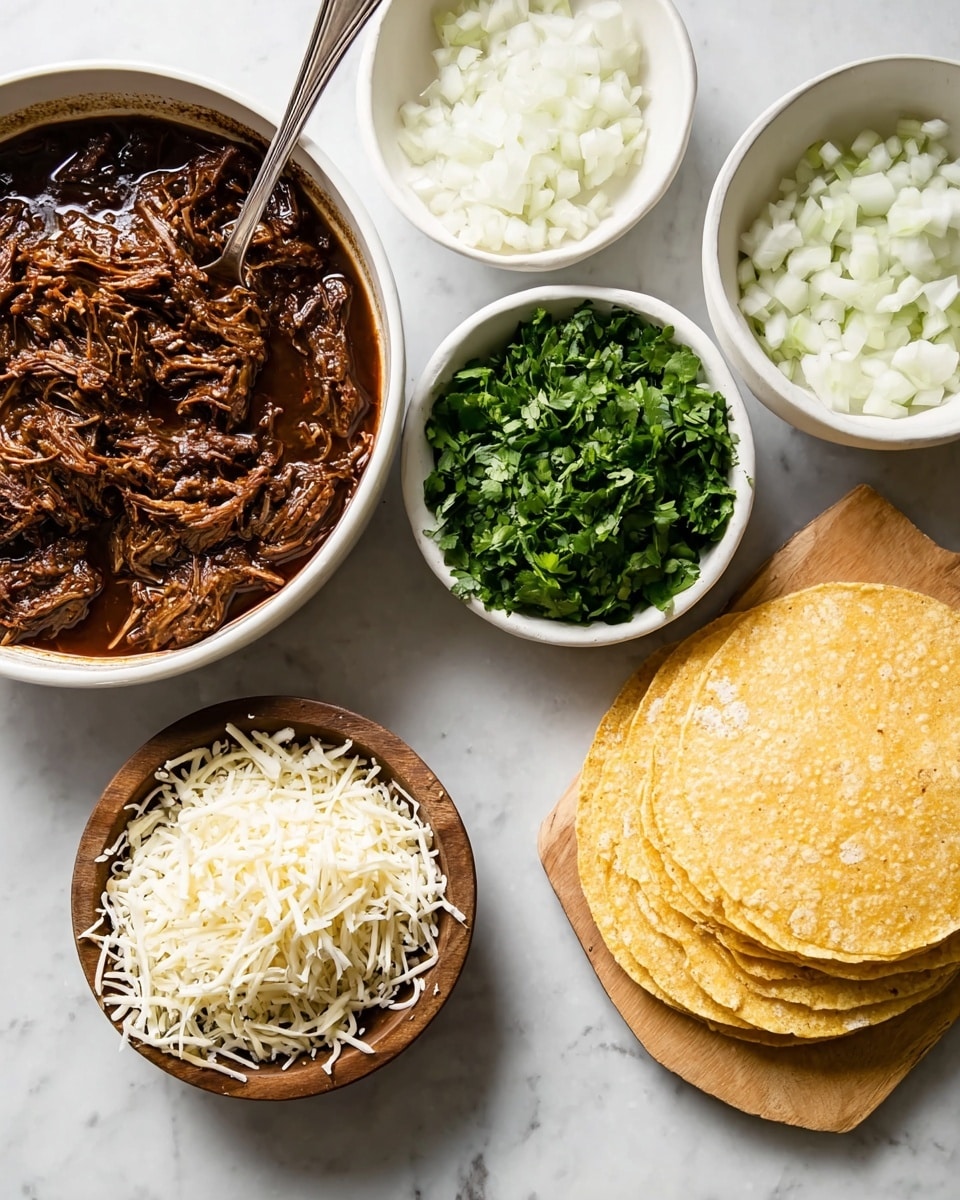 A white bowl filled with dark brown shredded meat in rich sauce with a silver spoon inside sits on the left. Above it, there's a white bowl full of bright green fresh chopped herbs. Next to that, a white bowl contains finely chopped white onions. On the right side, there is a neat stack of yellow corn tortillas. In the front, a wooden bowl is heaped with shredded white cheese, with a few cheese shreds spilled nearby onto a white marbled surface photo taken with an iphone --ar 4:5 --v 7