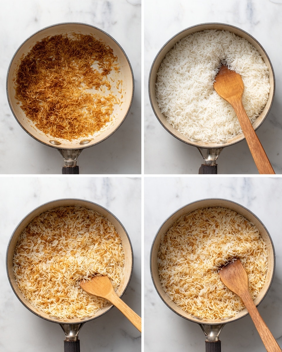 The image shows a cooking pot on a white marbled surface in four steps. In the first step, there is a single layer of golden brown toasted vermicelli at the bottom of the pot. In the second step, a layer of white rice covers most of the toasted vermicelli but leaves some vermicelli visible around the edges. The third step shows the vermicelli and rice being gently mixed together with a wooden spatula inside the pot, blending the light golden brown and white grains. The fourth step displays the fully combined mixture of rice and vermicelli evenly distributed in the pot with a textured, fluffy look. Photo taken with an iphone --ar 4:5 --v 7
