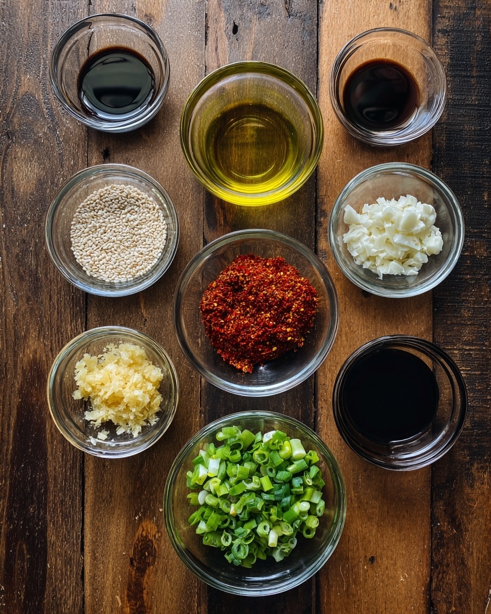The image shows nine small clear glass bowls arranged on a dark wooden surface, each containing a different ingredient. The top center bowl holds a yellow oil with a smooth texture. To the right is a smaller bowl with a darker toasted sesame oil. Below, a medium bowl contains bright red gochugaru flakes with a coarse texture. To its right, a smaller bowl is filled with white minced garlic. On the left side, a small bowl has white sesame seeds with a slightly rough texture. Below it, another small bowl contains finely minced pale yellow ginger. In the middle bottom, a medium bowl is filled with chopped bright green onions. To the right of this, a small bowl contains dark soy sauce, and finally below the green onion bowl, a small bowl has dark oyster sauce. All bowls are arranged neatly, showing a variety of colors and textures on a wooden table. Photo taken with an iphone --ar 4:5 --v 7