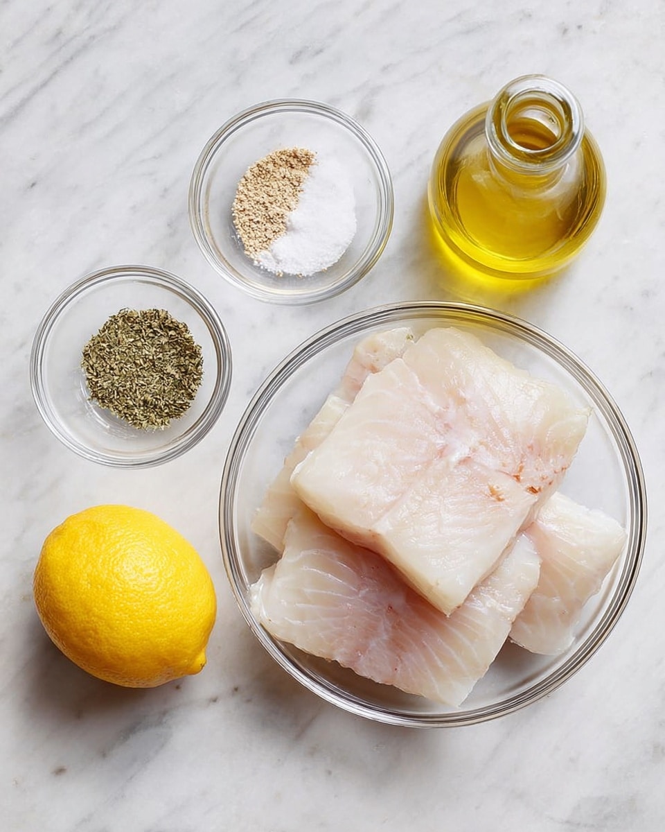 Four thick pieces of pale white fish fillets with a slight pink tint are placed in a clear glass bowl at the right side of the image. To the left is a smaller clear glass bowl holding four groups of seasonings: white salt, green dried herbs, black pepper, and a light beige powder. Below the small bowl, there is a bright yellow lemon with a textured peel resting on a white marbled surface. Above the small bowl is a bottle filled with light golden olive oil with a narrow top. The background is a clean white marbled texture. photo taken with an iphone --ar 4:5 --v 7