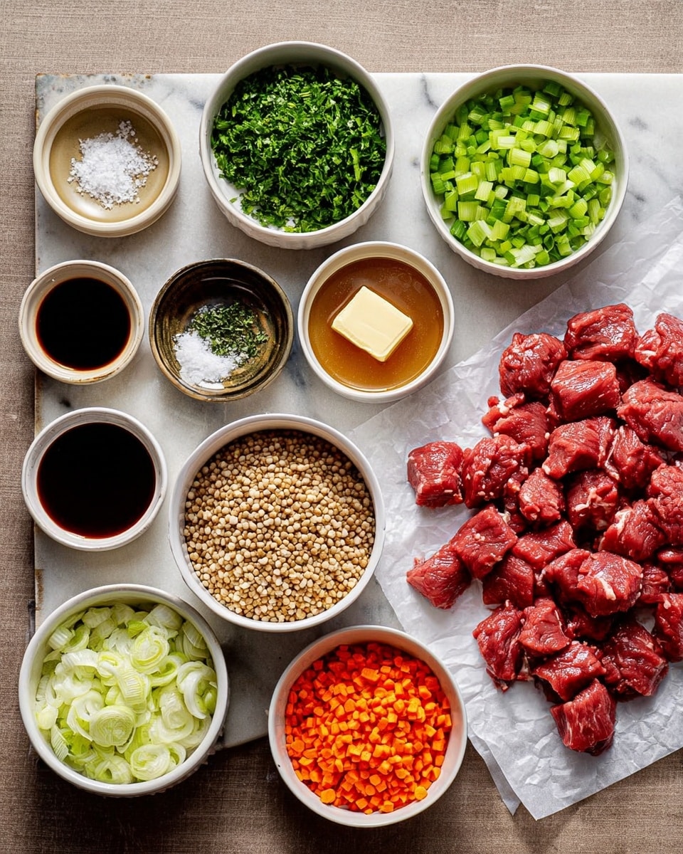 The image shows several bowls and containers with different cooking ingredients arranged on a white marbled surface. On the right side, there is a layer of raw red meat chunks placed on a sheet of white paper. Around it, starting from the top left, there are small bowls filled with chopped parsley, minced garlic, a dark sauce, and salt. Below these, there are bowls containing soy sauce, chopped celery, chopped onions, dried herbs, barley grains, butter, and chopped carrots. All bowls are white and the overall arrangement is neat with a focus on fresh ingredients ready for cooking. Photo taken with an iphone --ar 4:5 --v 7