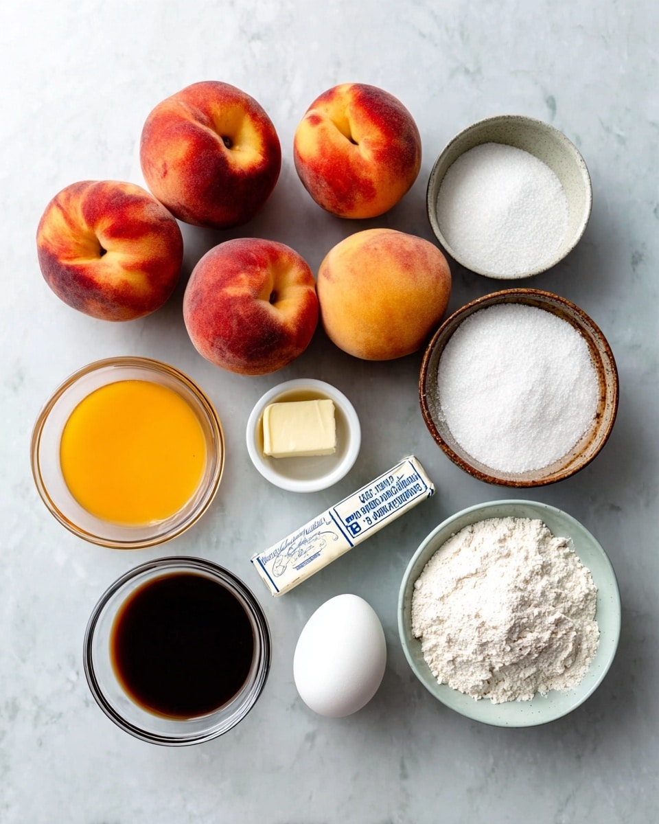 The image shows ingredients for a peach dish arranged on a white marbled surface. There are seven whole peaches placed together with their reddish-orange skins. Next to them, small white and brown bowls hold white baking powder and salt. Clear glass bowls contain white sugar, yellow-orange orange juice, and white flour. A stick of butter wrapped in white paper with blue text lies near the bowls. A white egg and a small white bowl with dark brown vanilla liquid are also visible. The items are spread out neatly in an organized manner. photo taken with an iphone --ar 4:5 --v 7