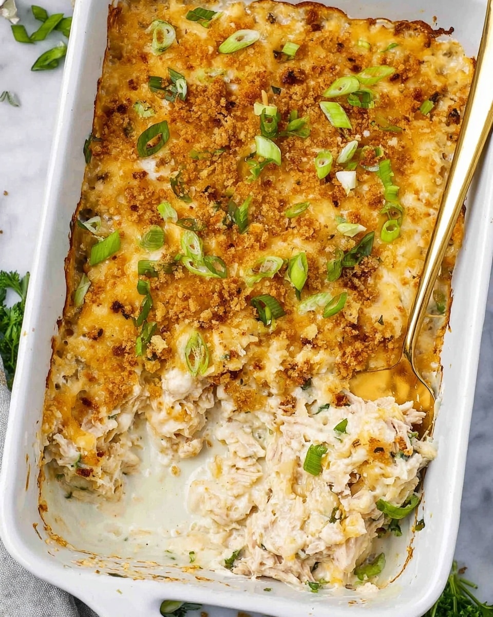 The image shows a white rectangular baking dish with a baked casserole. The dish has two main layers visible: the bottom layer is creamy white with chunks of light-colored shredded meat mixed within, and the top layer is golden brown melted cheese scattered with toasted bread crumbs. Green slices of spring onions and small sprinkles of chopped herbs add a fresh touch on top. A gold-colored serving spoon is placed inside the dish, resting on the right side where some of the casserole has been scooped out, revealing the creamy layer underneath. The dish is placed on a white marbled surface with hints of green herbs visible around. Photo taken with an iphone --ar 4:5 --v 7
