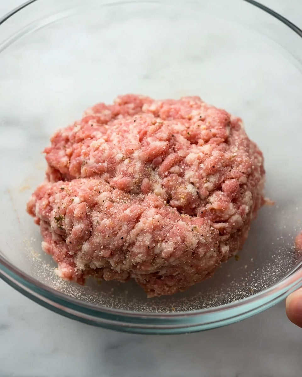 A clear glass bowl contains a round, flattened mound of raw ground meat mixed with seasoning. The meat is pinkish with small bits of light brown and white spices and herbs visible throughout. The bowl sits on a white marbled surface, and a woman's hand is partially visible holding the edge of the bowl on the right side. The texture of the meat looks soft and slightly coarse. Photo taken with an iphone --ar 4:5 --v 7