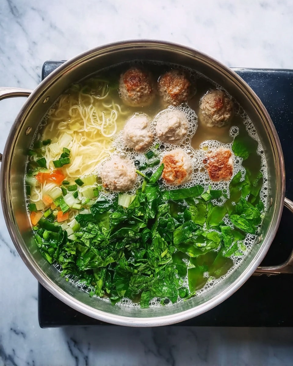 A silver pot filled with clear broth showing several round meatballs floating on the top left side, pale yellow noodles with some orange and green vegetable pieces on the bottom left, and chopped bright green leafy vegetables covering the right half; the broth has some bubbles and foam on the surface. The pot is on a surface with a white marbled texture photo taken with an iphone --ar 4:5 --v 7