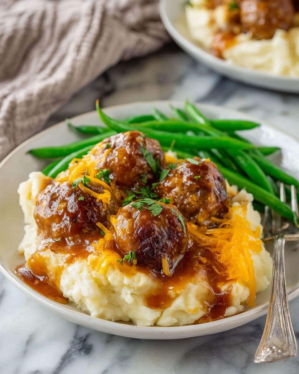 The white plate holds a layered meal with mashed potatoes forming a smooth, creamy base in off-white color. On top, there are several brown meatballs covered with a thick, glossy brown sauce that drips slightly onto the mashed potatoes. Shredded orange cheddar cheese melts around the edges of the meatballs and potatoes, adding texture and a pop of bright color. To the side of this arrangement, there is a neat pile of vibrant green cooked green beans. The plate sits on a white marbled surface with a silver fork resting on the edge. Photo taken with an iphone --ar 4:5 --v 7