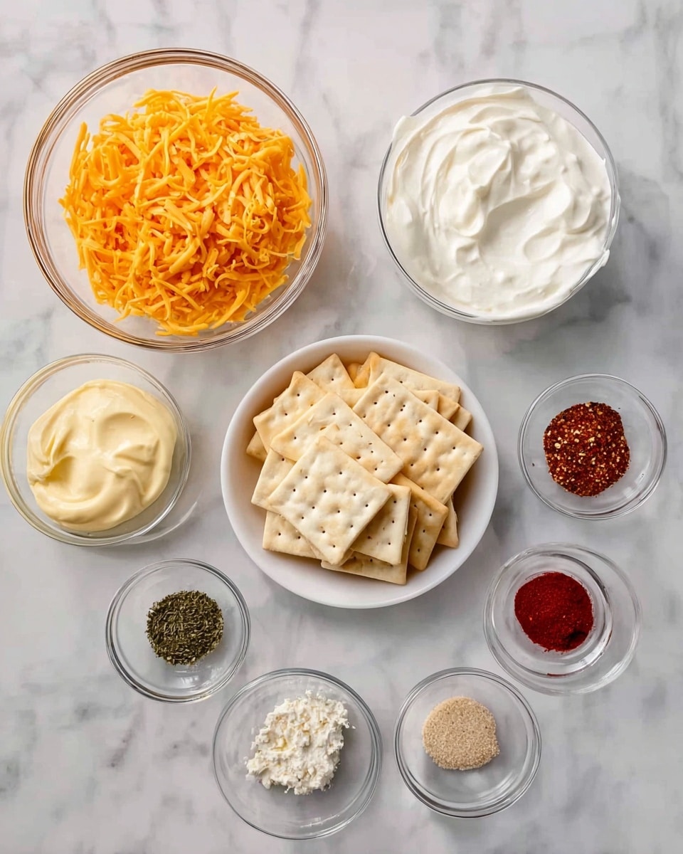 The image shows a collection of clear glass bowls and a white bowl arranged neatly on a white marbled surface. In the center, a white bowl holds square saltine crackers stacked loosely. To the left, a large glass bowl is filled with bright orange shredded cheese, and next to it is a smaller bowl with yellowish mayonnaise. At the top right, a large glass bowl contains smooth white sour cream. Surrounding the bowls are small clear bowls holding different spices: green dried herb mix, red pepper flakes, bright red paprika, black pepper, light beige garlic powder, and a tiny amount of dark red powder. The setup is clean and organized, capturing the ingredients in clear layers and colors. Photo taken with an iphone --ar 4:5 --v 7