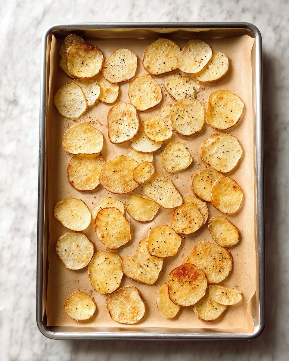 A silver baking tray lined with light brown parchment paper holds a single layer of thin, round potato slices evenly spaced apart. Each slice is golden with slight browning on the edges and some small black pepper specks scattered across them. The tray is set on a surface with a white marbled texture. photo taken with an iphone --ar 4:5 --v 7