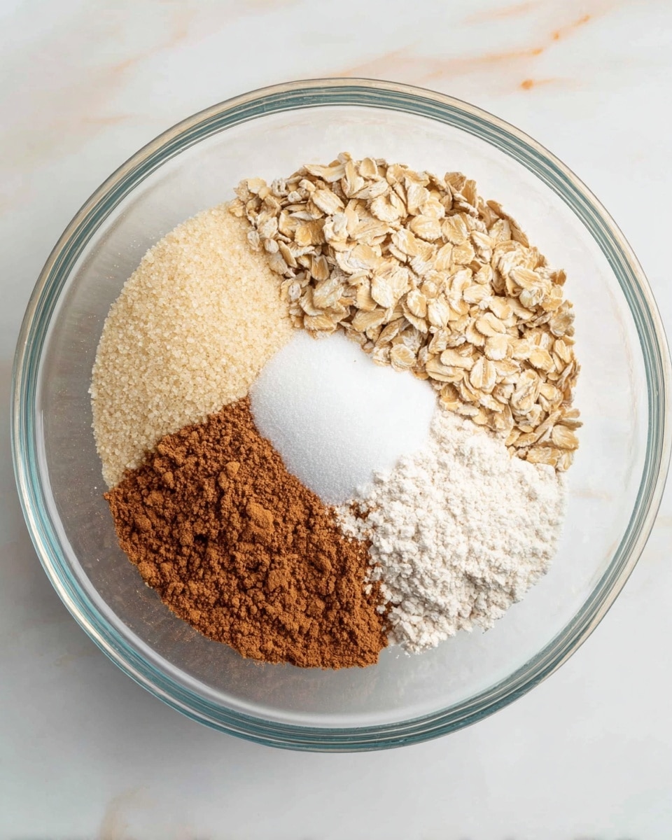 A clear glass bowl sits on a white marbled surface, filled with four dry ingredients arranged side by side: light beige granulated sugar on the top left, medium brown rolled oats on the top right, white powder (likely baking soda or flour) on the bottom left, and a pile of warm brown cinnamon powder on the bottom right. The ingredients create a contrast of colors and textures, each clearly separated within the bowl. photo taken with an iphone --ar 4:5 --v 7