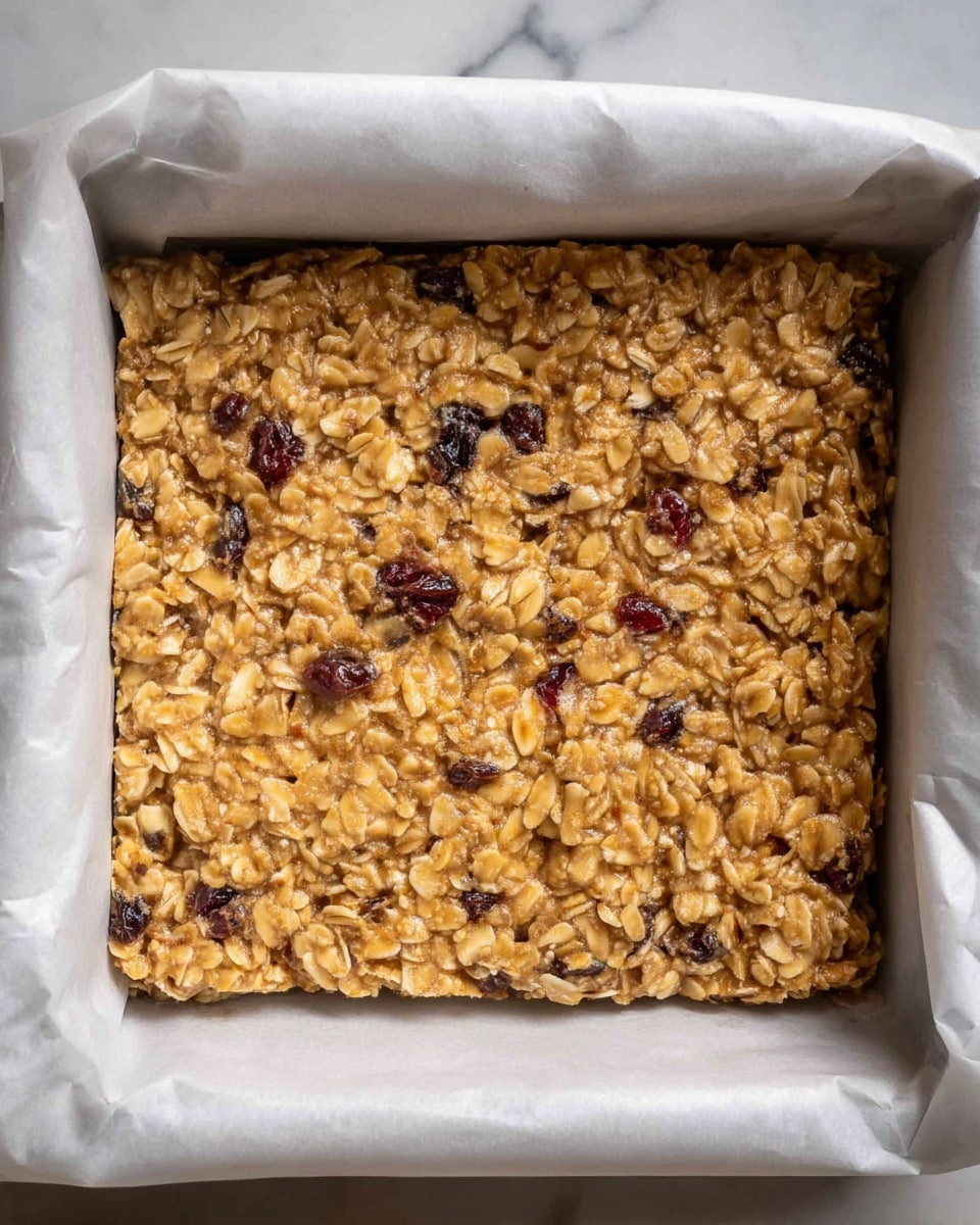 A square oat bar with one thick layer of golden oats mixed with visible small pieces of dark red dried fruit evenly spread throughout. The oat mixture looks sticky and slightly shiny, pressed into white parchment paper lining a pan, which contrasts with the oat texture. The edges of the parchment are folded over the pan. The overall texture is rough with irregular oat shapes but a flat top. The photo was taken on a white marbled surface. Photo taken with an iphone --ar 4:5 --v 7