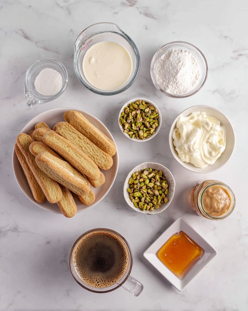 The image shows an overhead view of ingredients placed neatly on a white marbled surface. In the center bottom, there is a white bowl filled with tan ladyfinger biscuits stacked in layers. Above it, from left to right, there is a clear glass measuring cup with light cream, a white round bowl with white sugar, a white bowl filled with chopped green pistachios, and a white bowl holding smooth white cream. To the right and slightly below the pistachios, there is a small glass jar with a light brown creamy spread, and next to it a small white square dish with amber-colored honey. In the center bottom, a clear glass measuring cup with dark brown coffee is placed, showing a frothy top. The items are evenly spaced and the colors range from creamy whites and browns to green pistachios, all against the white marbled background. photo taken with an iphone --ar 4:5 --v 7