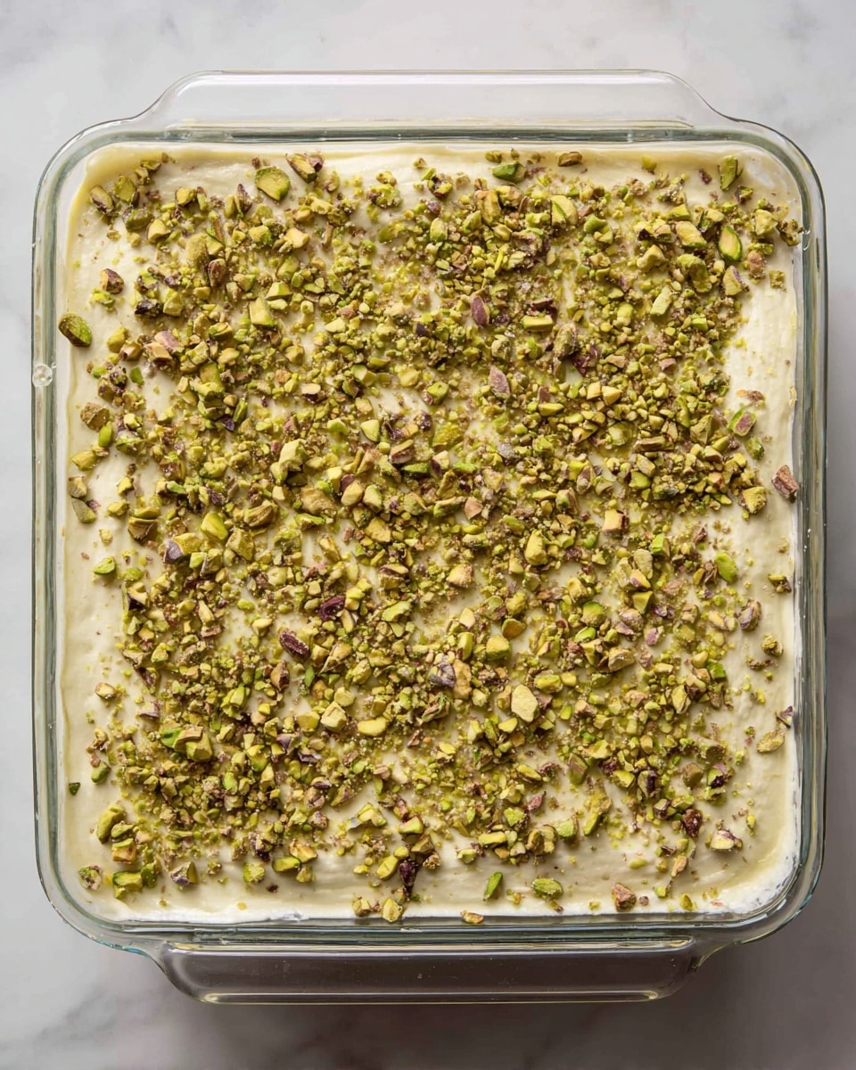 A square glass baking dish filled with a smooth, creamy light beige dessert layer, spread evenly and topped with a thick, generous layer of chopped green pistachio nuts scattered across the entire surface, creating a textured top. The dish sits on a white marbled surface, and the nuts add a bright contrast with their mix of light green and dark brown bits. The edges of the dessert show a slightly uneven spread, highlighting the soft texture beneath the crunchy nut topping. photo taken with an iphone --ar 4:5 --v 7