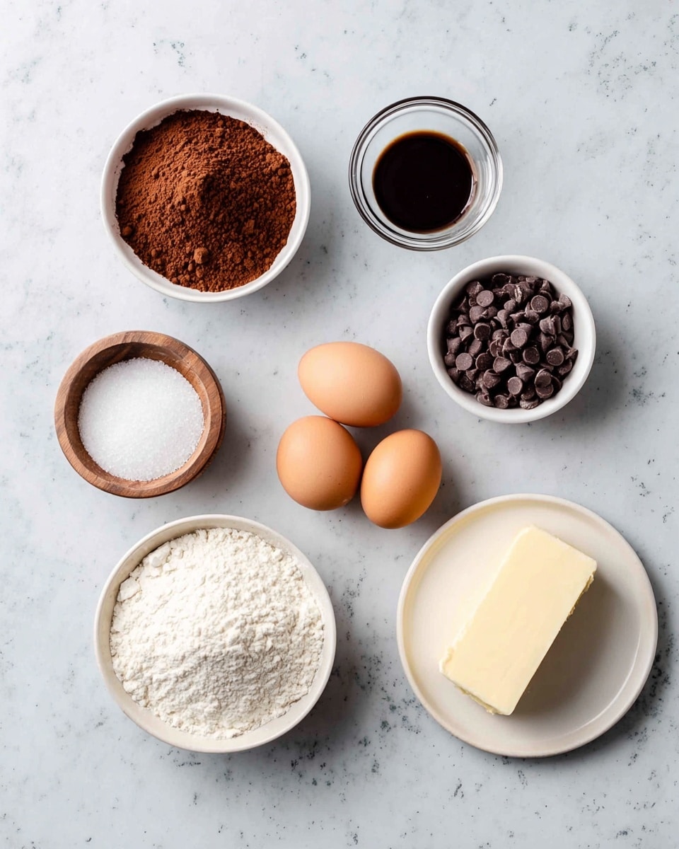 The image shows baking ingredients arranged neatly on a white marbled surface. There are seven small bowls and two eggs in the center. Starting from the top left, a white bowl filled with brown cocoa powder is placed, next to it a small glass bowl with dark liquid vanilla extract, and on the top right, a white bowl filled with chocolate chips. Below the cocoa powder, there is a white bowl with white granulated sugar, a small wooden bowl with white salt in the center, and a white bowl filled with white flour at the bottom. To the right, two whole brown eggs lie beside a white plate holding a stick of butter. All items are spaced evenly, showing their textures clearly. Photo taken with an iphone --ar 4:5 --v 7