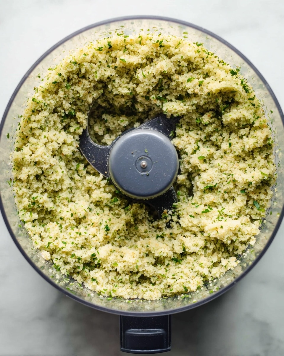 A clear food processor bowl filled with a coarse, crumbly mixture that is pale yellow-green with small bits of darker green herbs mixed in, showing a grainy texture. The bowl has a central dark gray blade attachment, and the mixture is spread evenly all around the inside surface. The food processor sits on a white marbled surface. photo taken with an iphone --ar 4:5 --v 7