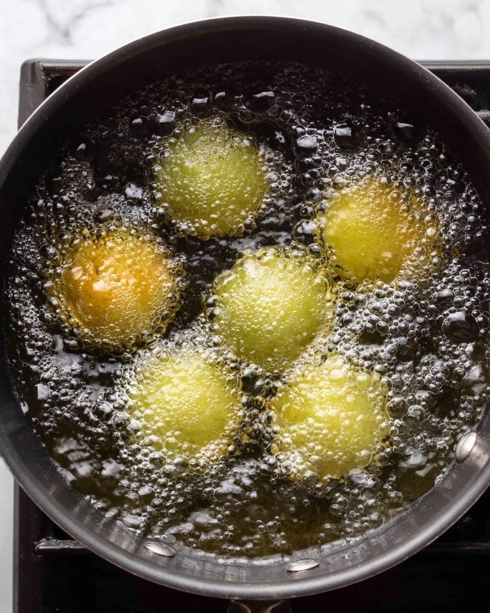 A black pot filled with hot oil, bubbles covering the surface, frying five round, pale greenish-yellow balls that float evenly spaced inside. The pot sits on a stove with a white marbled background visible around it. The bubbling oil creates a shiny, textured look on the round treats as they cook inside the dark, smooth pot. photo taken with an iphone --ar 4:5 --v 7