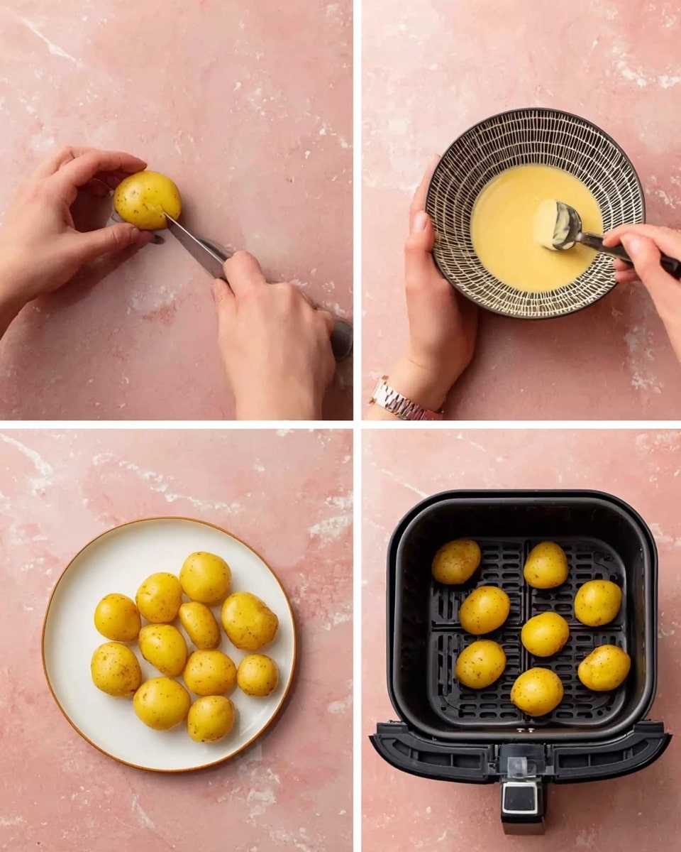The image shows four smaller pictures arranged in a grid. In the top-left picture, a woman's hand is holding a large knife slicing a small yellow potato on a pink surface. The top-right picture shows two woman's hands mixing a mustard-colored creamy sauce in a small textured bowl over the same pink surface. The bottom-left picture has several small yellow potatoes coated with sauce on a white plate placed on a pink surface. In the bottom-right picture, the potatoes are arranged in an air fryer basket, which is black and contrasts with the potatoes' bright yellow color. The background in all images is a white marbled texture. Photo taken with an iphone --ar 4:5 --v 7