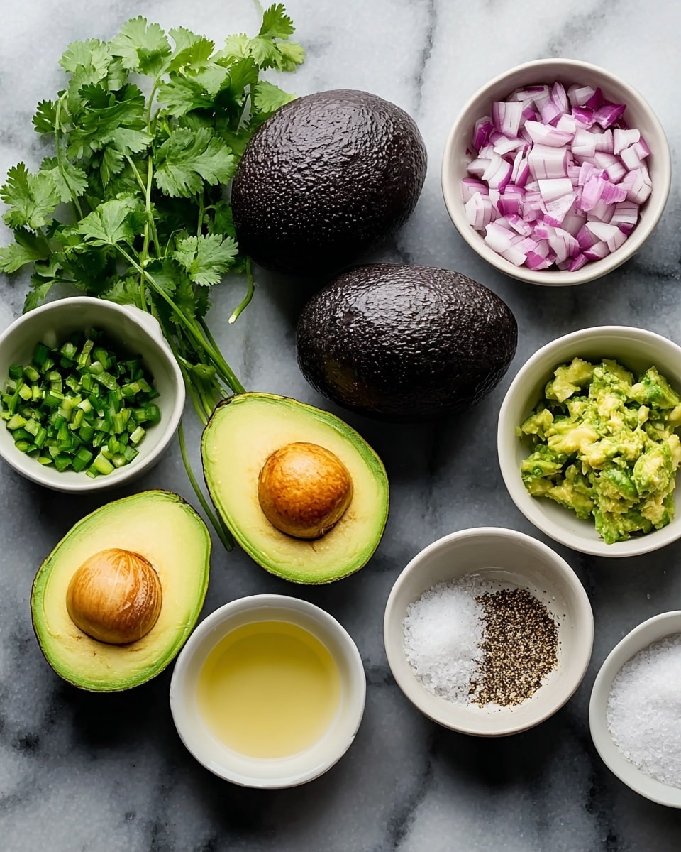 The image shows two whole dark green avocados and two halves with bright green flesh and brown seeds in the center, all placed on a white marbled surface. Around the avocados, there are six small white bowls holding different ingredients: one bowl has small green chopped pieces, another has finely diced purple and white onions, one has a pale yellow liquid, another holds minced garlic, one contains coarse black pepper, and the last bowl is filled with white salt. Fresh green cilantro leaves are also placed on the left side of the avocados. The arrangement is neat and colorful, with the dark and light green colors of the avocados and herbs standing out against the white bowls and marble surface. Photo taken with an iphone --ar 4:5 --v 7