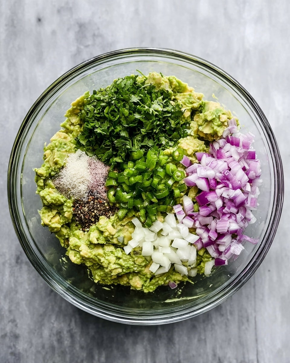 A clear glass bowl is shown from above, containing layers of guacamole ingredients neatly placed. The bottom layer is mashed green avocado, with a soft and chunky texture, covering most of the base. On top, there are five separate sections: finely chopped bright green cilantro on the right top side, diced purple and white red onion on the far right, small white minced garlic pieces in the center, chopped dark green jalapeño below the garlic, and a mix of coarse black pepper and white salt next to the garlic on the left. The bowl sits on a white marbled surface. Photo taken with an iphone --ar 4:5 --v 7