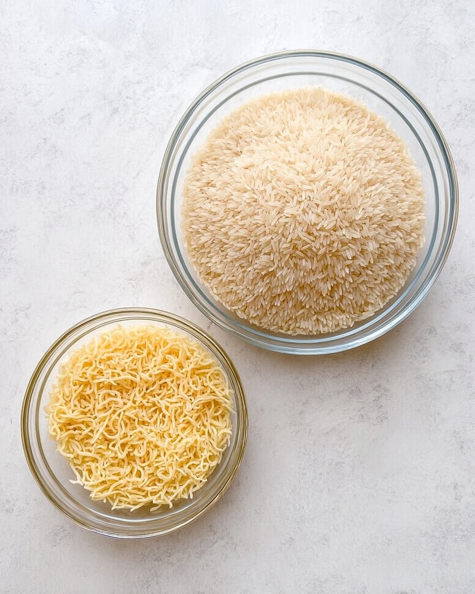 Two clear glass bowls are placed side by side on a white marbled surface. The larger bowl on the right is filled with long, light beige uncooked rice grains, showing a smooth and even texture. The smaller bowl on the left holds finely shredded, pale yellow dried noodles, densely packed. The bowls create a simple and neat contrast with their contents, emphasizing the difference in shape and color between the rice and noodles. photo taken with an iphone --ar 4:5 --v 7