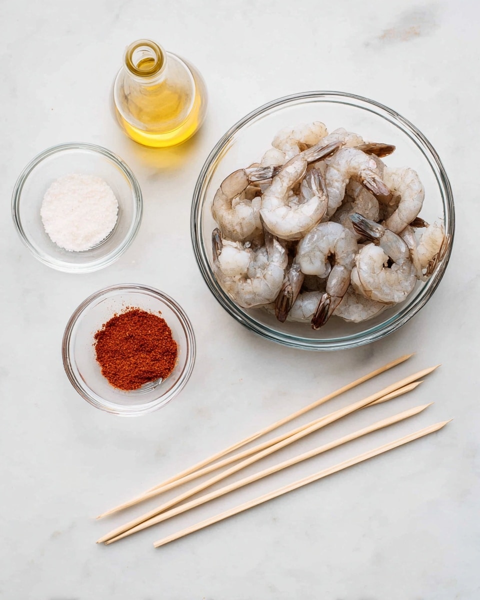 A clear glass bowl filled with raw, grayish shrimp sits near the top right of the image on a white marbled surface. To the left of the shrimp, there is a small clear glass bottle with a yellow liquid, likely oil, and two small clear glass bowls: one filled with red seasoning powder and the other with white salt. Below these bowls, five light wooden skewers are laid flat in a fan shape. The overall scene is clean and simple, with the ingredients neatly arranged for preparing shrimp on skewers. photo taken with an iphone --ar 4:5 --v 7