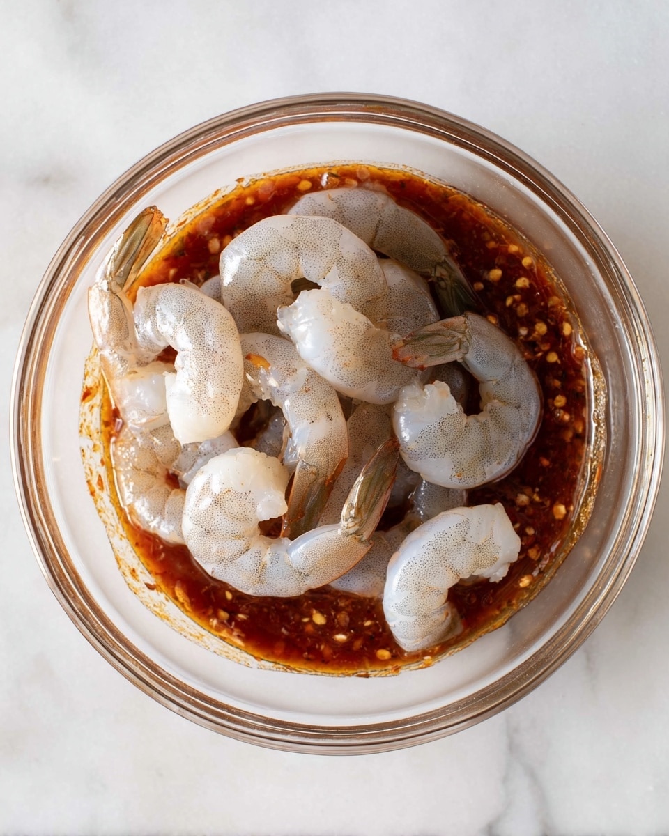 A clear glass bowl sits on a white marbled texture surface, filled with two layers; the bottom layer is a reddish-brown spicy sauce with a slightly oily texture and specks of seasoning, and the top layer consists of several raw grayish-white shrimp neatly piled in the center, showing their curved shapes and subtle lines. photo taken with an iphone --ar 4:5 --v 7