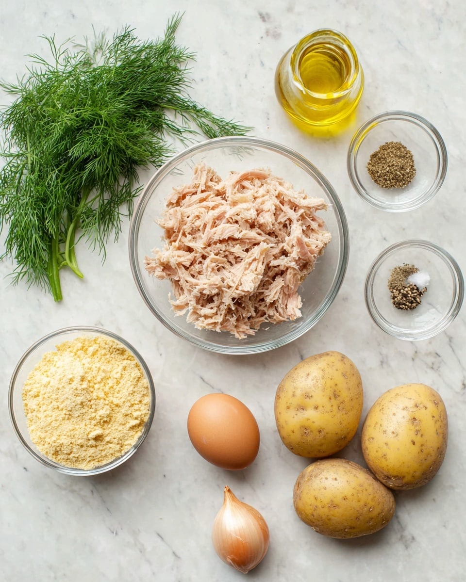 A top view of ingredients arranged on a white marbled surface showing one glass bowl in the center filled with light pink shredded meat. To the bottom left of this bowl, there is another glass bowl filled with fine pale yellow crumbs. A bunch of fresh green dill is placed next to a small glass bottle of golden olive oil on the left side. On the right side of the main bowl, three whole light brown potatoes are arranged near a single brown egg and a small glass bowl containing ground black pepper. Near the potatoes is one shallot with a pale purple skin. All items are well spaced and neatly placed. Photo taken with an iphone --ar 4:5 --v 7