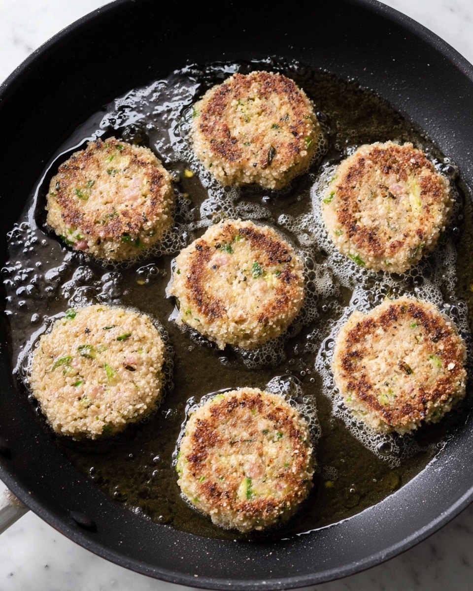 Six round patties coated in light beige crumbs are frying in a black pan with a thin layer of bubbling oil. Each patty shows a rough texture with small pieces of green herbs and light pink bits inside, arranged in a circular pattern across the pan. The oil glistens between them, creating a shiny and slightly oily appearance. The pan rests on a white marbled surface. photo taken with an iphone --ar 4:5 --v 7