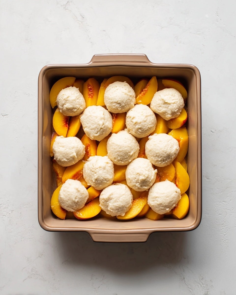 A square baking pan holds two layers: the bottom layer is bright orange peach slices arranged closely, covering the whole pan, and the top layer has eleven round dollops of light beige dough placed evenly across the peaches. The pan rests on a white marbled surface. photo taken with an iphone --ar 4:5 --v 7