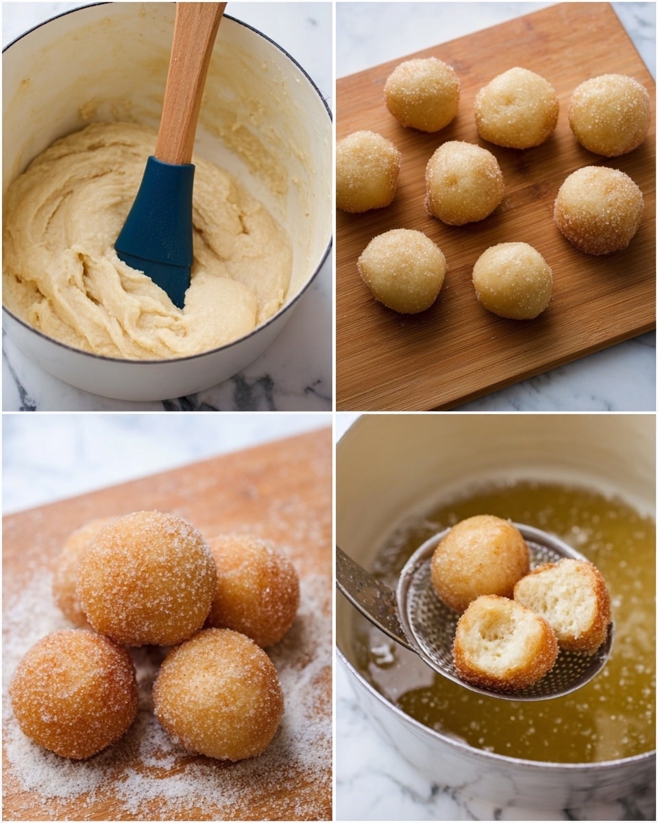 The image shows four steps of making fried dough balls. In the first step, there is a white pot with thick, pale dough and a wooden spatula with a dark blue silicone head. The second step shows small, round balls of dough placed on a wooden board. The third step captures three dough balls on a silver slotted spoon, frying in bubbling golden oil inside a pot. The last step shows golden brown fried dough balls coated in sugar, with one ball broken open to reveal a soft, pale inside. The background and surfaces have a white marbled texture. Photo taken with an iphone --ar 4:5 --v 7
