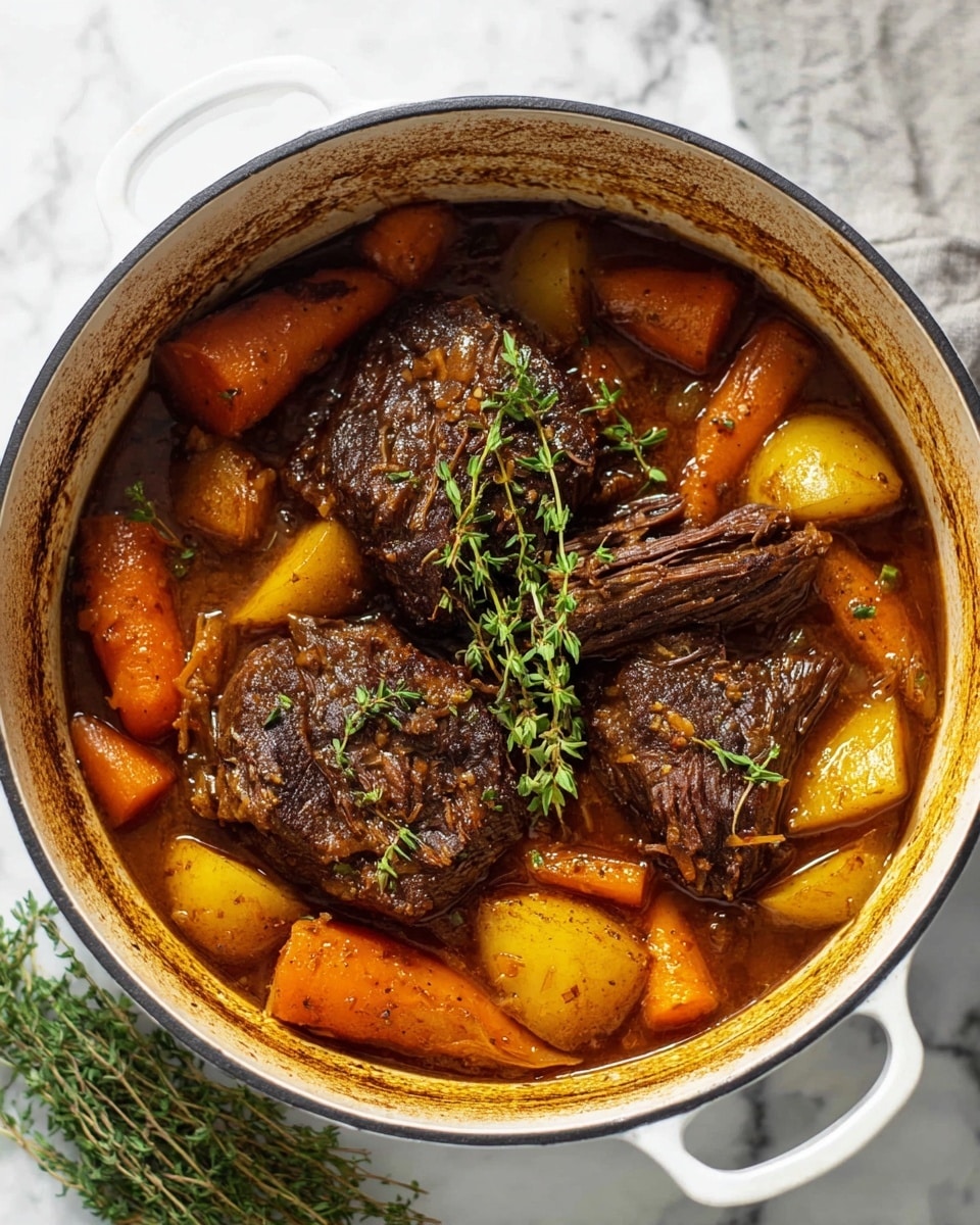 A white pot filled with 3 large pieces of dark brown slow-cooked meat placed in the center, surrounded by thick chunks of bright orange carrots and golden potatoes in a rich brown sauce with visible herbs and spices. Fresh green thyme sprigs rest on top of the meat. The inside of the pot is browned and stained from cooking, and the pot is placed on a white marbled surface with a small bunch of thyme beside it. photo taken with an iphone --ar 4:5 --v 7