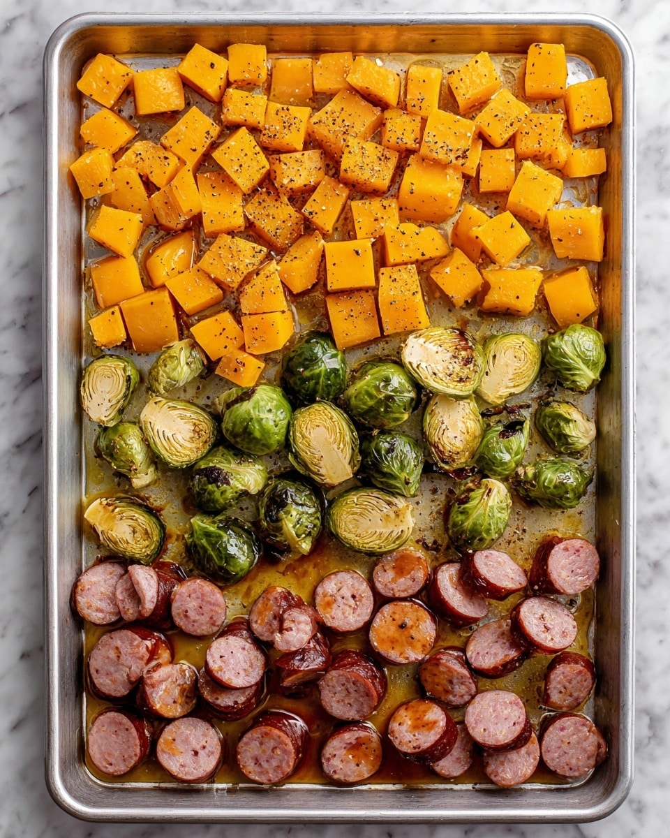 A rectangular metal baking tray filled with three horizontal layers of roasted food. The top layer shows bright orange chunks of roasted butternut squash, spread evenly and sprinkled with black pepper. The middle layer has halved Brussels sprouts with a mix of bright green and golden brown, showing some crisp, roasted edges. The bottom layer contains sliced smoked sausage, cut into diagonal pieces with a browned, shiny skin and juicy pink inside, sitting in caramelized juices pooled around them. The tray is placed on a white marbled surface. photo taken with an iphone --ar 4:5 --v 7