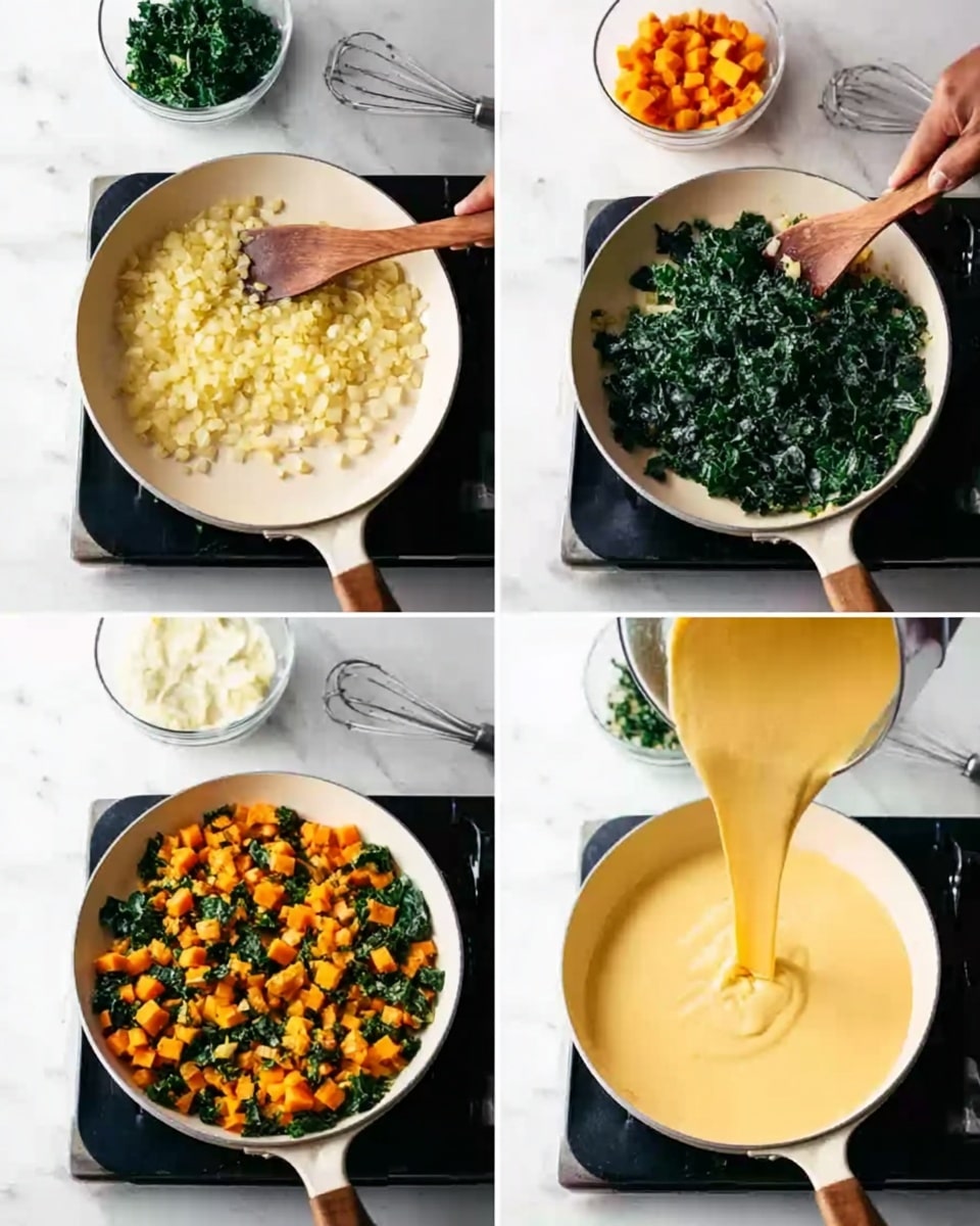 The image shows a sequence of four photos depicting a cooking process in a white pan on a stove. The first photo shows light yellow diced onions being stirred with a wooden spoon held by a woman's hand, with two blurred bowls of chopped greens and diced orange vegetables in the background on a white marbled surface. The second photo shows dark green chopped leafy vegetables added to the pan and being stirred with the wooden spoon. The third photo shows bright orange diced vegetables mixed with the greens in the pan, with a bowl of creamy white sauce and a whisk in it placed on the white marbled surface nearby. The last photo shows a smooth yellow creamy sauce being poured over the mixed vegetables in the pan, filling the pan evenly. Photo taken with an iphone --ar 4:5 --v 7