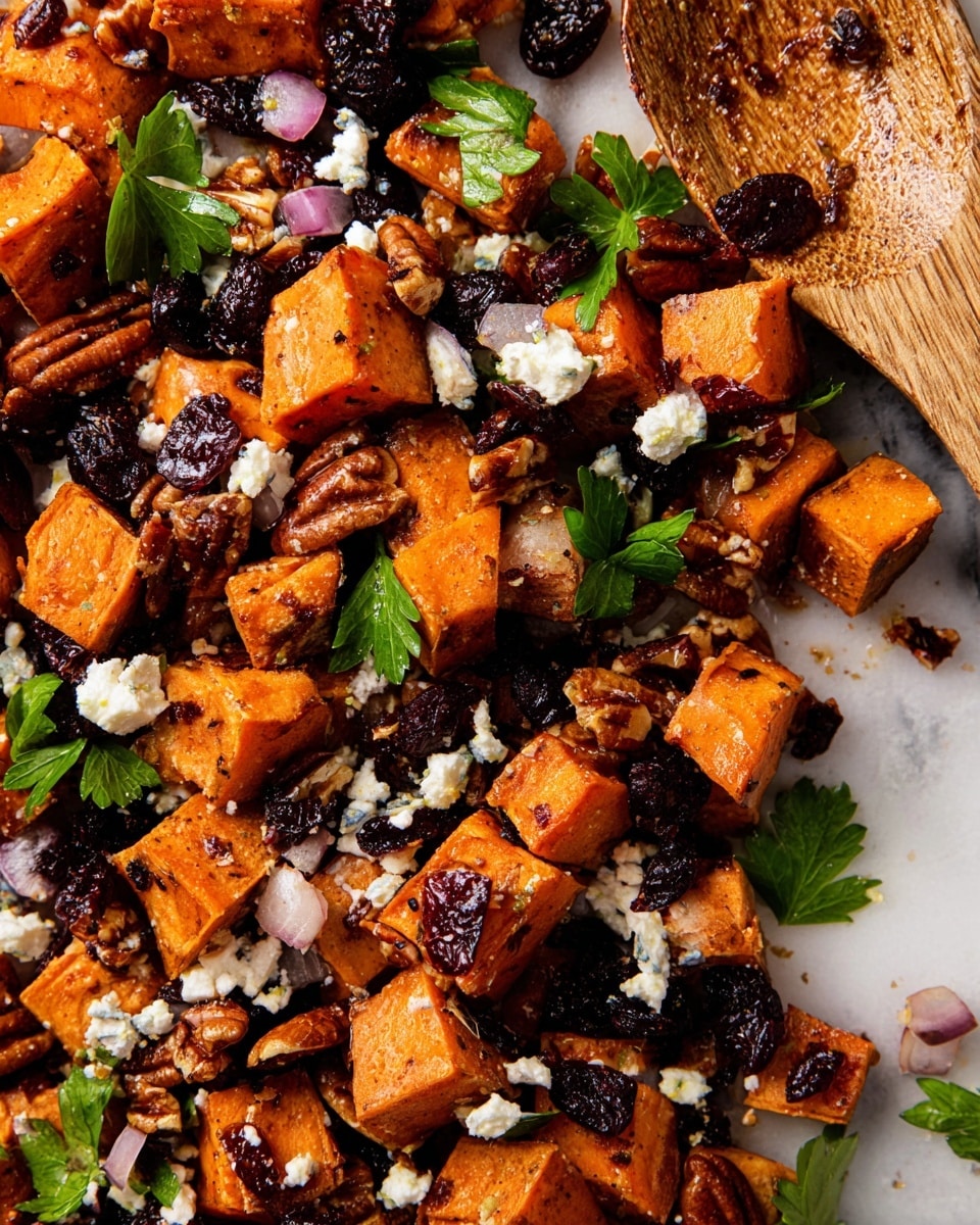 The image shows a mix of roasted orange sweet potato cubes with crispy browned edges, scattered together with dark dried cranberries and whole pecans. Small pieces of white crumbled cheese are spread on top, along with some chopped red onions and pale green celery bits. Bright green parsley leaves are placed evenly throughout, adding fresh color. All the ingredients rest on a white marbled surface, with a wooden spoon partly visible in the corner, slightly stained by the sweet potato juices. Photo taken with an iphone --ar 4:5 --v 7