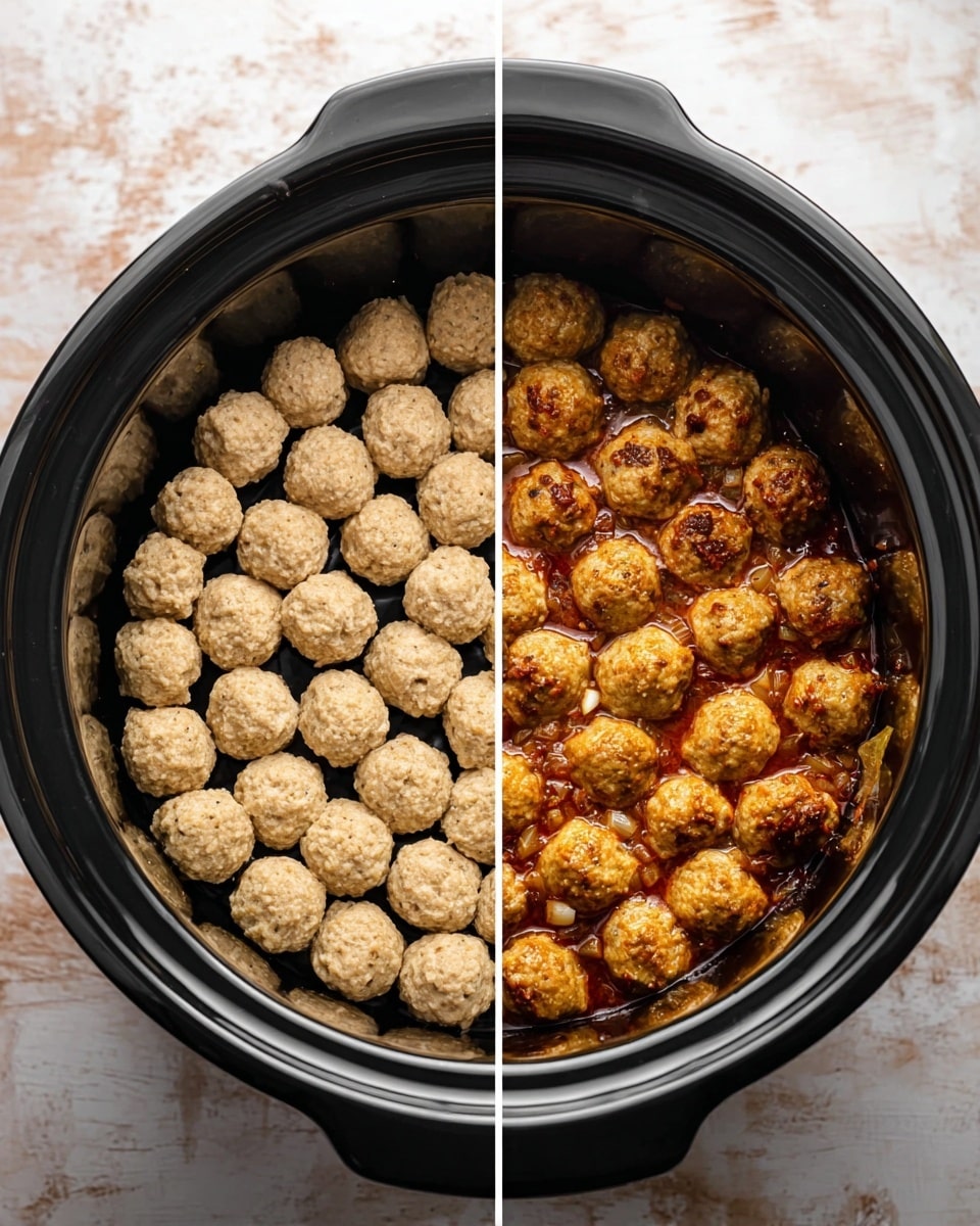 The image shows two side-by-side views of a black slow cooker filled with two layers of small, round, beige meatballs. On the left, the meatballs are dry and evenly spread in a single layer. On the right, the meatballs remain in the same layer but are topped with a reddish-brown sauce with visible chunks of cooked onion scattered over them. The slow cooker sits on a white marbled surface. photo taken with an iphone --ar 4:5 --v 7