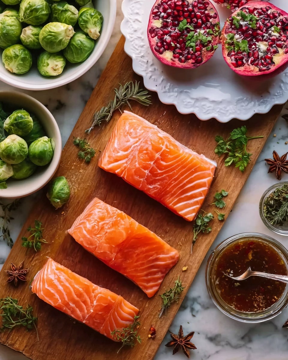 The image shows four fresh, raw salmon fillets with a bright orange color and white marbling on a wooden cutting board. Around the salmon are small green herbs and star anise for decoration. To the left, there is a white bowl filled with Brussels sprouts that are vibrant green. Above the salmon, half a pomegranate with deep red seeds is placed on a white scalloped plate with some green herbs. To the right, there is a glass container with a dark brown sauce and a spoon inside, topped with star anise. The surface is a white marbled texture. photo taken with an iphone --ar 4:5 --v 7