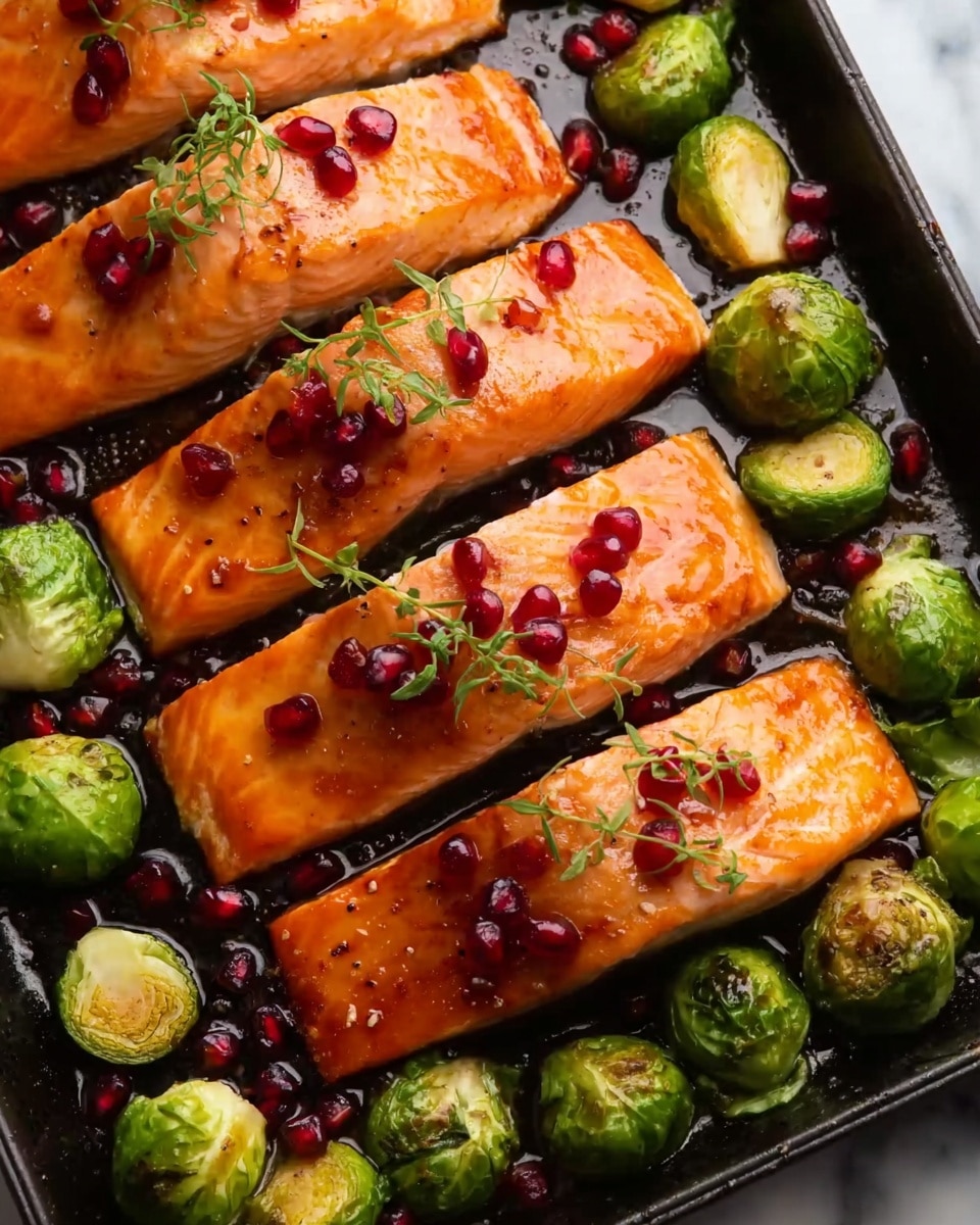 The image shows four pieces of cooked salmon with a shiny orange color arranged closely together on a black pan. Each salmon piece has a few bright red pomegranate seeds and small green herb sprigs on top. Around the salmon pieces are many small Brussels sprouts, some whole and some sliced, with a bright green color and a slight brown toast on their edges. The whole scene is set on a white marbled surface. photo taken with an iphone --ar 4:5 --v 7