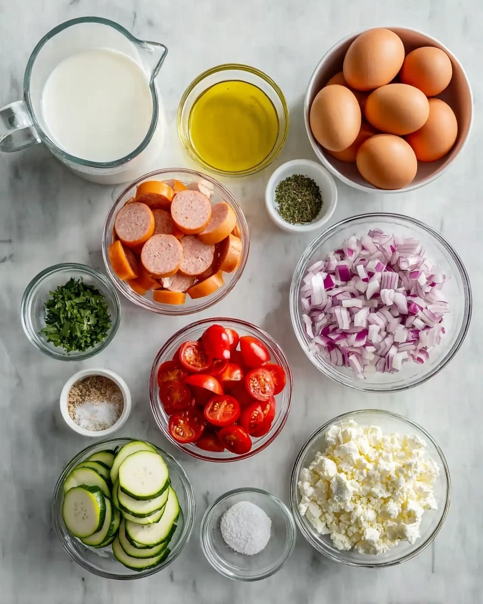 The image shows ten different clear or white bowls arranged neatly on a white marbled surface, each holding an ingredient for a recipe. Starting from the top left, there is a large clear glass jug filled with white liquid, followed by a small clear bowl with golden yellow oil. Next is a white bowl filled with small red onion pieces. To the right, there is a larger white bowl filled with whole brown eggs. Below those, a white bowl contains red cherry tomatoes sliced in half. Moving to the bottom left, a clear bowl holds sliced sausages in orange and white, next to it is another clear bowl filled with green and white sliced zucchini. Below the eggs and onion, there are three smaller white bowls containing salt, black pepper, and fresh green herbs. Lastly, at the bottom right is a clear bowl with white crumbled cheese. The colors vary from yellow, brown, red, green, white, and purple with smooth, fresh textures, all laid out on the white marbled surface. photo taken with an iphone --ar 4:5 --v 7